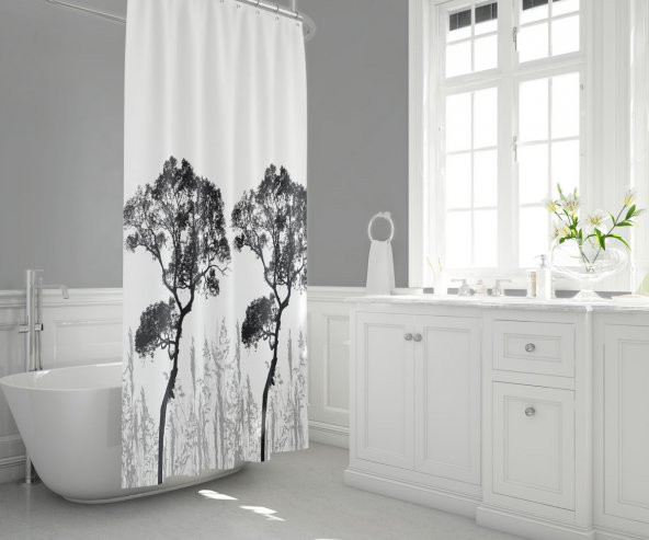 Ağaç Desen Banyo Duş Perdesi-Beyaz Renk Duş Perdesi ve Küvet Perdesi, 180x200 cm Lüx Banyo Perdesi - 2