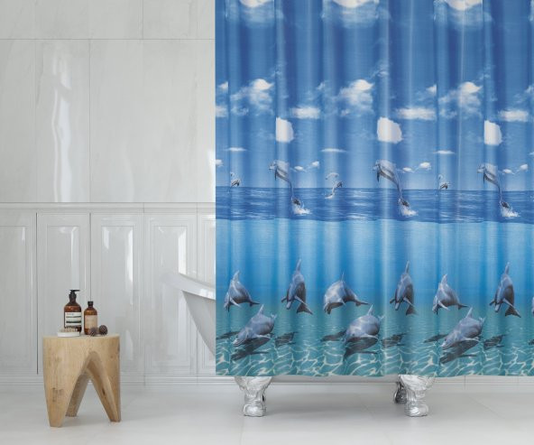 Mavi Yunus Desen Banyo Perdesi-Mavi Renk Duş Perdesi, 180x200 cm Küvet Perdesi