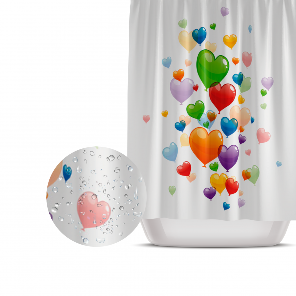 Renkli Balon Desenli Banyo Perdesi-Baskılı Banyo Duş Perdesi, 180x200cm Tek Kanat Küvet Perdesi