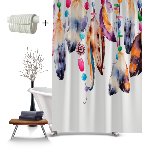 Renkli Tüy Desen Banyo Duş Perdesi-180x200cm Duşakabin Perdesi, Tek Kanat Dream Catcher Duş Perde - Resim 3