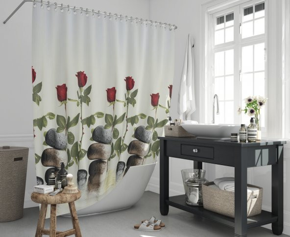 180x200cm Banyo Perdesi Kırmızı Gül Desen Duş Perdesi-Tek Kanat Küvet Perdesi 12 Adet C Halka HEDİYE - 2