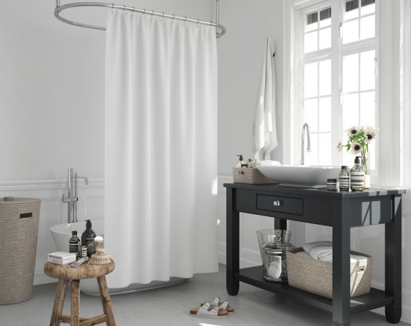 Beyaz Duş Perdesi-Polyester Kumaş Düz Renk Banyo Perdeleri, 180x200cm Küf Tutmaz Banyo Perdesi - 2