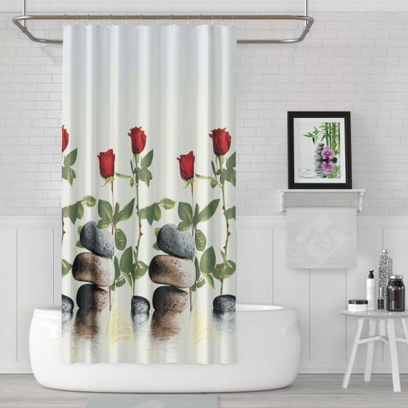 180x200cm Banyo Perdesi Kırmızı Gül Desen Duş Perdesi-Tek Kanat Küvet Perdesi 12 Adet C Halka HEDİYE