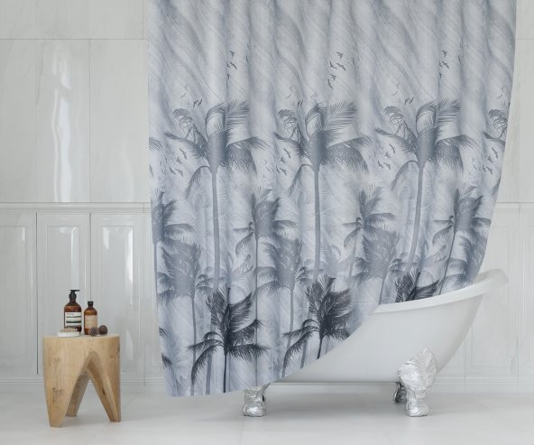 Duş Perdesi-Palmiye Desen Banyo Perdesi, 180x200cm Tek Kanat Duş Perdesi 12 Adet C Halka HEDİYELİ