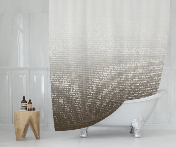 Kare Desen Duş Perdesi-Kahverengi Banyo Perdesi 180x200 cm Halkalı Banyo Duş Perdesi Tek Kanat