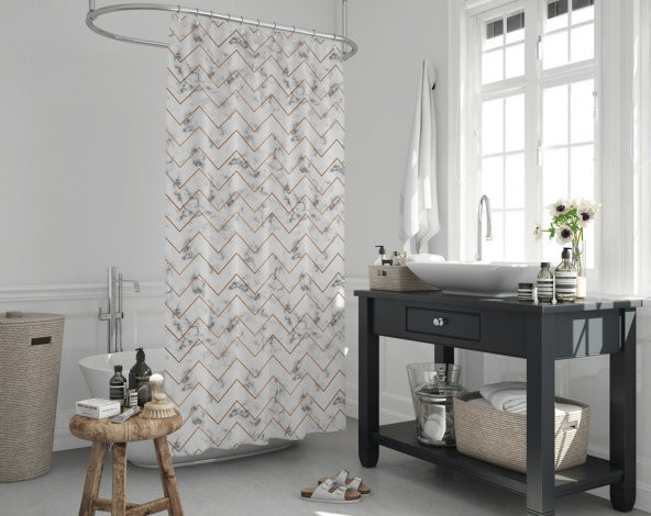 Zikzak Desen Banyo Perdesi, Mermer Desen Lüx Küvet Perdesi 180x200 Tek Kanat Duş Perdesi - 2