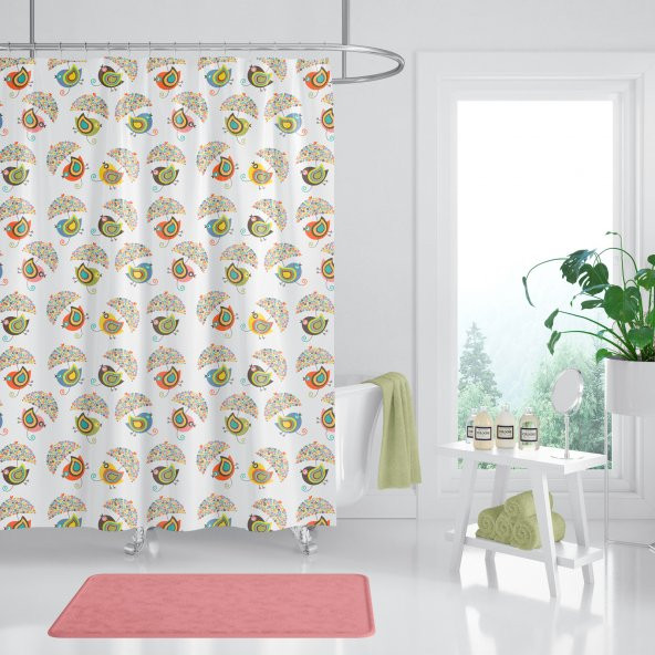 Kuş Desen Banyo Perdesi-Tek Kanat Duşakabin Perdesi Renkli Kuş Desen Duş Perde 180x200 Küvet Perdesi