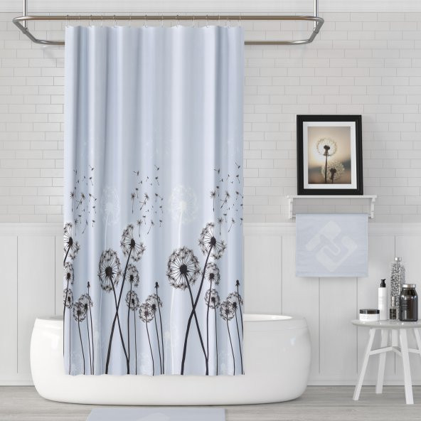 Çiçek Desen Banyo Perdesi-Karahindiba Desen Duş Perdesi, Tek Kanat Duşakabin Perdesi 180x200 cm