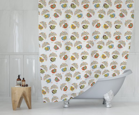 Kuş Desen Banyo Perdesi-Tek Kanat Duşakabin Perdesi Renkli Kuş Desen Duş Perde 180x200 Küvet Perdesi - 2
