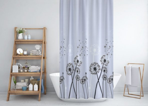 Çiçek Desen Banyo Perdesi-Karahindiba Desen Duş Perdesi, Tek Kanat Duşakabin Perdesi 180x200 cm - 2