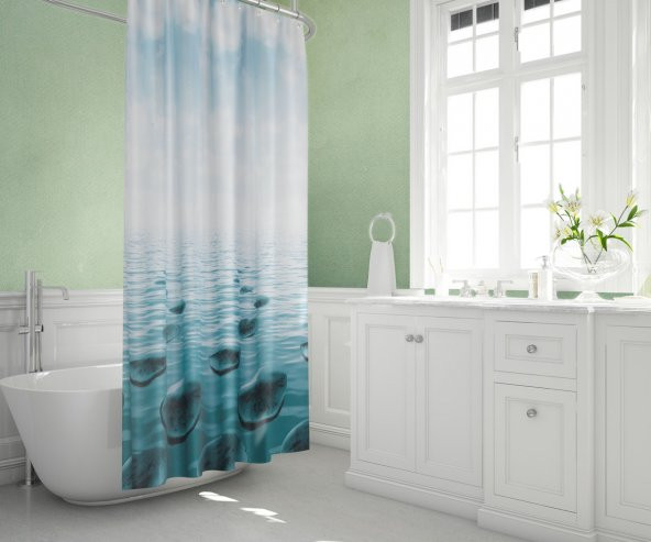 Mavi Banyo Perdesi-Taş Desen Renkli Duş Perdesi, Tek Kanat Küvet Perdesi-180x200cm Banyo Duş Perdesi - 2