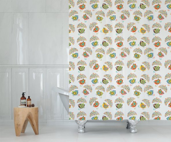 Kuş Desen Banyo Perdesi-Tek Kanat Duşakabin Perdesi Renkli Kuş Desen Duş Perde 180x200 Küvet Perdesi - 3