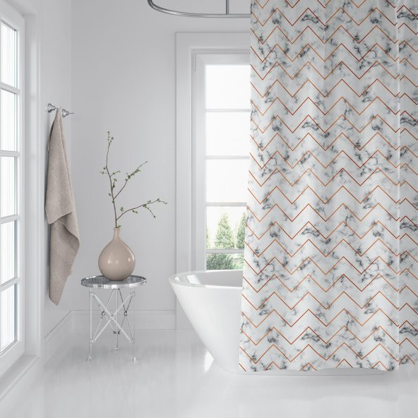 Zikzak Desen Banyo Perdesi, Mermer Desen Lüx Küvet Perdesi 180x200 Tek Kanat Duş Perdesi - 3