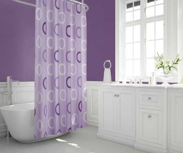 Lila Banyo Perdesi-Halka Desen Lüx Mor Renk Duş Perdesi, 180x200 Duş Perdesi Tek Kanat Küvet Perdesi - 2