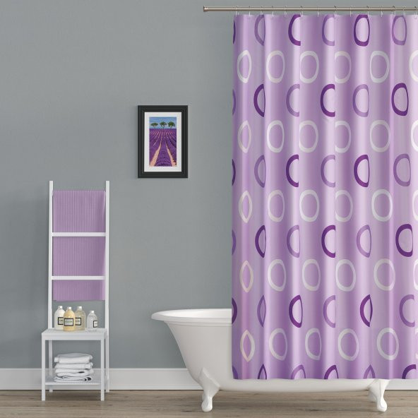 Lila Banyo Perdesi-Halka Desen Lüx Mor Renk Duş Perdesi, 180x200 Duş Perdesi Tek Kanat Küvet Perdesi - 3