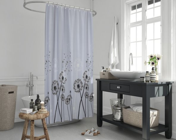Çiçek Desen Banyo Perdesi-Karahindiba Desen Duş Perdesi, Tek Kanat Duşakabin Perdesi 180x200 cm - 3