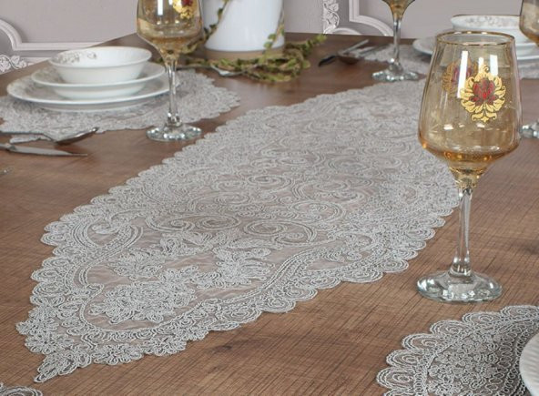 Nakışlı Runner-Konsol Üstü Tekli Runner, Gri Renk Amerikan Servis Runner-Valonia Çeyizlik Runner