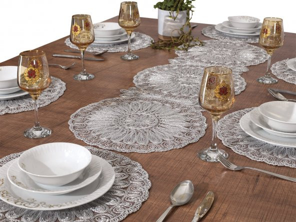 Amerikan Servis Takımı 6 Kişilik 7 Parça Supla ve Runner Seti - Nakışlı Yuvarlak Supla Seti ürün görseli 1
