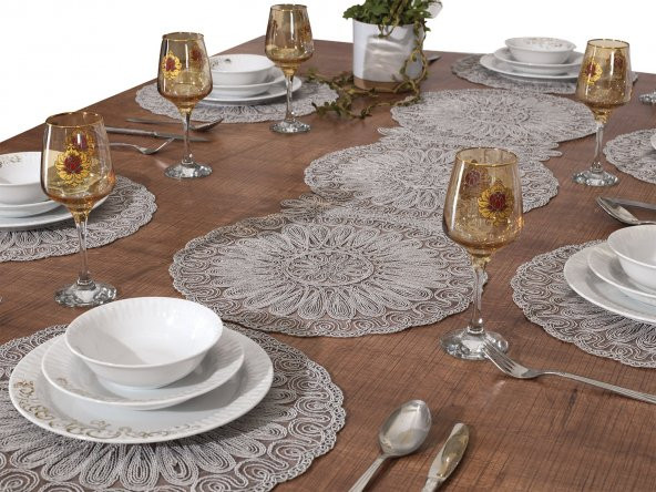 Amerikan Servis Takımı 6 Kişilik 7 Parça Supla ve Runner Seti - Nakışlı Yuvarlak Supla Seti ürün görseli 1