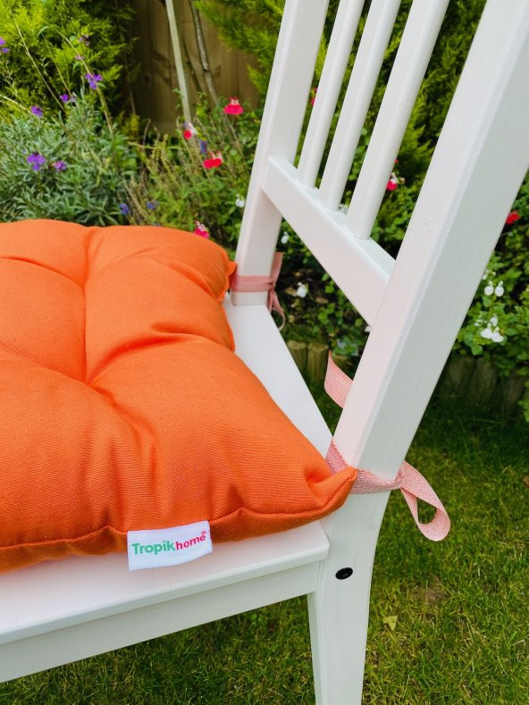 Bağcıklı 2li Turuncu Minder Özel Dikişli Sandalye Minderi Turuncu 40x40cm Sırt Minderi Tel Sandalye - Resim 2