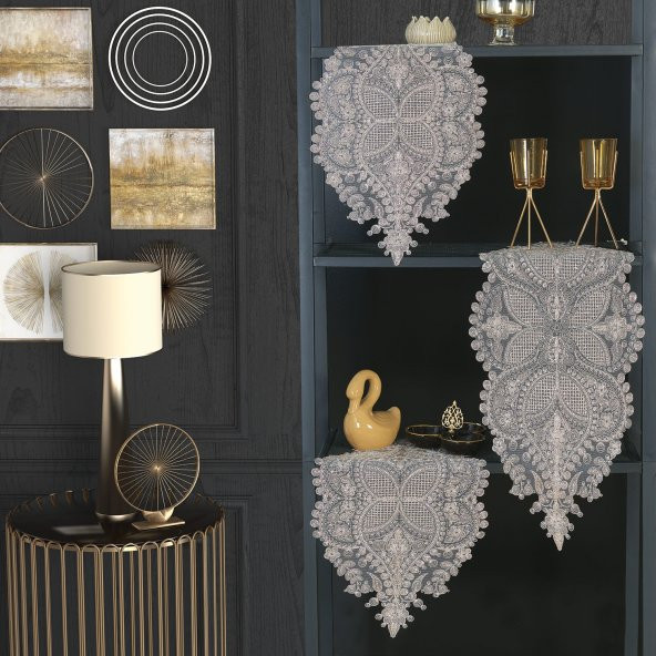 Gri Runner ve Peçete 3 Parça Salon Takımı Valentin Yatak Odası Seti Nakışlı Çeyizlik Runner Seti ürün görseli 1