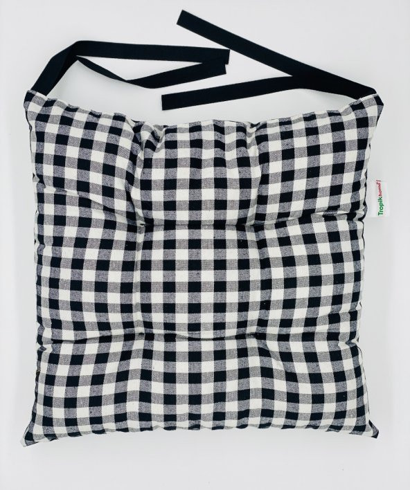 Lüx Pofidik Ekose Siyah Sandalye Minderi Özel Dikişli Bağcıklı Minder 35x35cm Kare Sandalye Minderi - 3