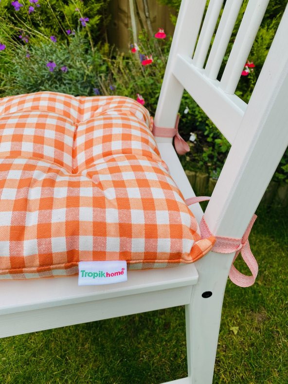 Lüx Pofidik Ekose Turuncu Sandalye Minderi Özel Dikişli Bağcıklı Minder 35x35cm Kare Sandalye Minder - 2
