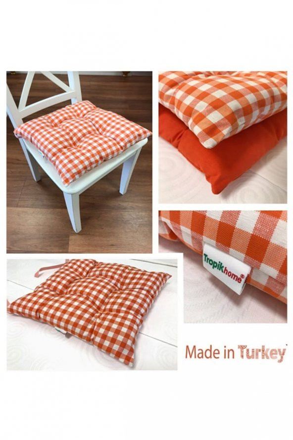 Lüx Pofidik Ekose Turuncu Sandalye Minderi Özel Dikişli Bağcıklı Minder 35x35cm Kare Sandalye Minder - 3