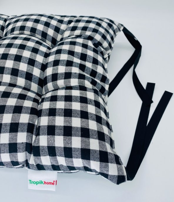 Lüx Pofidik Ekose Siyah Sandalye Minderi Özel Dikişli Bağcıklı Minder 35x35cm Kare Sandalye Minderi - 2