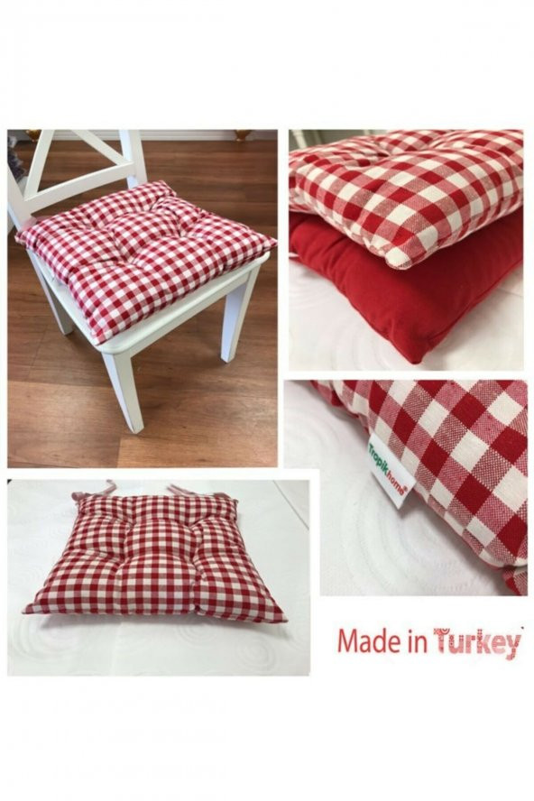 Yeniyıl Özel Kare Sandalye Minderi Elyaf Dolgu Ekose Kırmızı Desen Bağcıklı Lüx Özel Dikiş Minder - 3