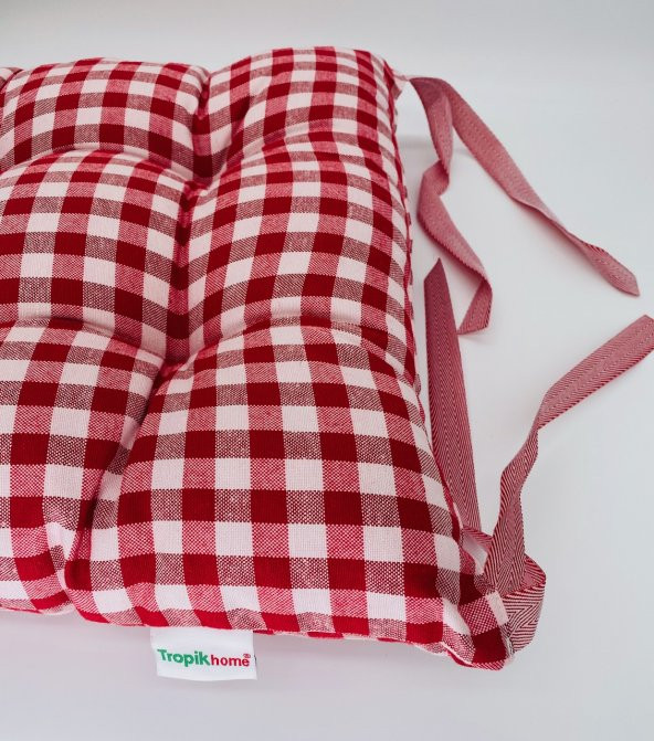 Yeniyıl Özel Kare Sandalye Minderi Elyaf Dolgu Ekose Kırmızı Desen Bağcıklı Lüx Özel Dikiş Minder - 4