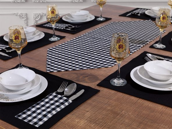 Amerikan Servis Supla Ve Runner Seti 12 Kişilik Set Siyah Ekose Desen Salon ve Masa Sunum Takımı ürün görseli 1