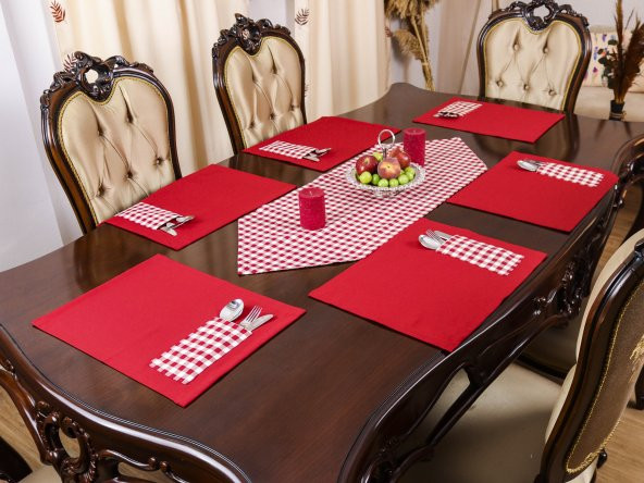 Yeniyıl Özel Kırmızı Amerikan Servis Supla Runner Seti 6 Kişilik Yılbaşı Kırmızı Ekose Sunum Takımı - Resim 2