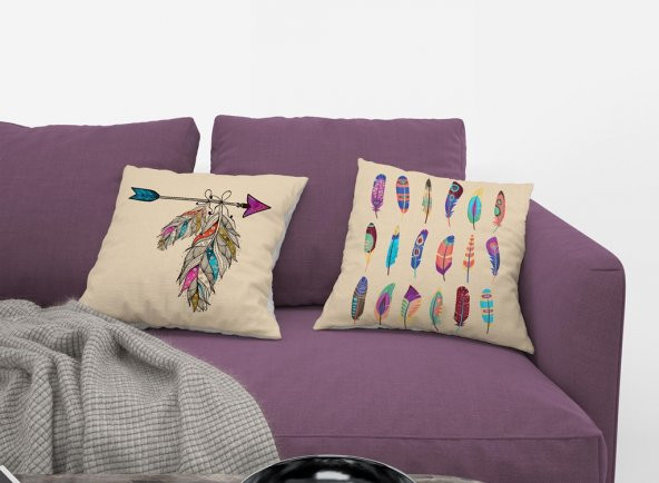 Kırlent Kılıfı  4lü Dijital Baskılı Dream Catcher Tüy Desen Baskılı Renkli  40x40 Tropikhome - Resim 3