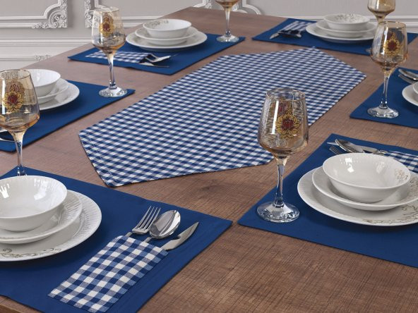 Amerikan Servis Supla Ve Runner Seti 6 Kişilik Mavi Ekose Desen Masa Sunum Takımı Tropikhome ürün görseli 1