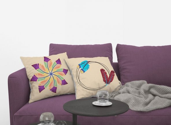 Kırlent Kılıfı  4lü Dijital Baskılı Dream Catcher Tüy Desen Baskılı Renkli  40x40 Tropikhome - Resim 2