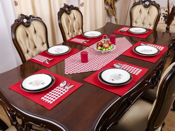 Yeniyıl Özel Kırmızı Amerikan Servis Supla Runner Seti 6 Kişilik Yılbaşı Kırmızı Ekose Sunum Takımı ürün görseli 1