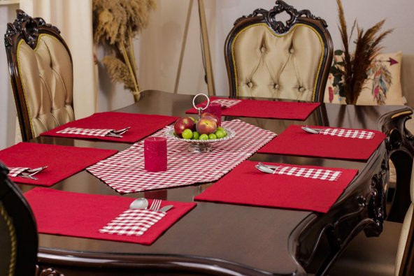 Yeniyıl Özel Kırmızı Amerikan Servis Supla Runner Seti 6 Kişilik Yılbaşı Kırmızı Ekose Sunum Takımı - Resim 3