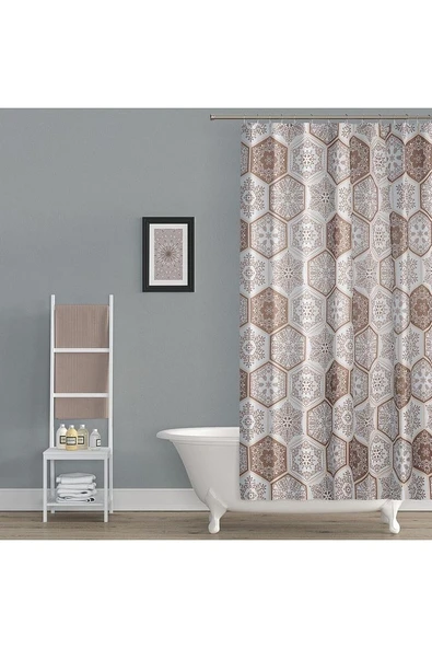 Su Geçirmez Banyo Perdesi Kahve Dantel Desen Duş Perde Yüksek Kalite Küvet Perdesi 180x200cm - 3