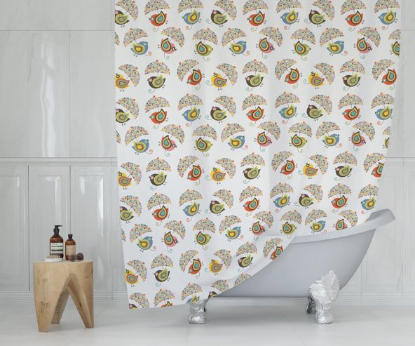Kuş Desen Banyo Perdesi Su Geçirmez Duş Perdesi 180x200 Küvet Perdesi 12 C-Halkalı Duş Perde - 2