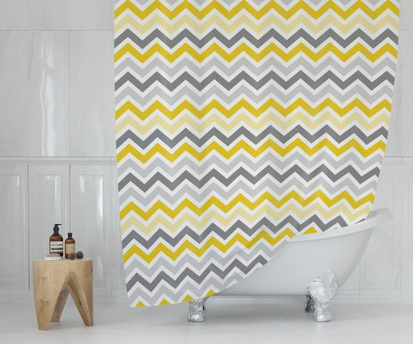 Duş Perdesi Zigzag Desen Banyo Perdesi Su Geçirmez Polyester Kumaş Duş Perde 180x200cm C Halkalı