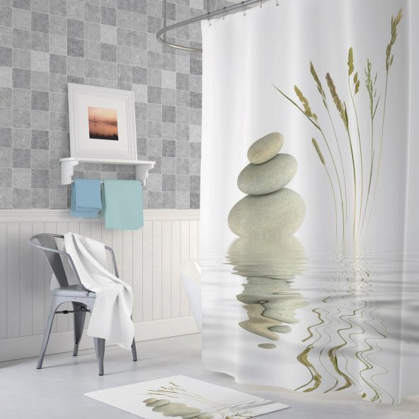Taş Desenli Dijital Baskılı Solma Yapmaz Su geçirmez Polyester Kumaş Banyo Perdesi C-Halka Hediyeli - 2