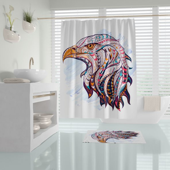Duş Perdesi Kartal Desenli Dijital Baskılı Banyo Perdesi 180x200 cm Tek Kanat Banyo Perdeleri