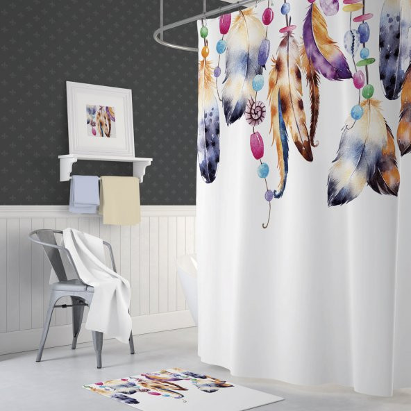 Banyo Perdesi Dream Catcher Tüy Desenli Baskılı Solmaz Su Geçirmez Polyester Duş Perdesi C Halkalı - 2