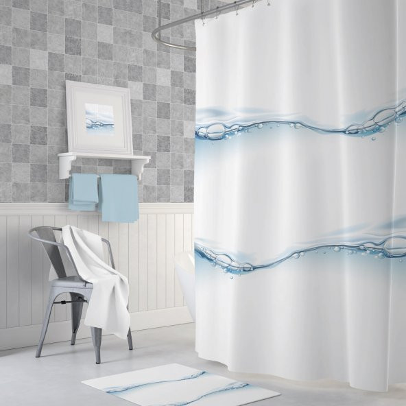 Su Damlası Baloncuk Desenli Dijital Baskılı Solma Yapmaz Su Geçirmez Polyester Kumaş Banyo Perdesi - 2