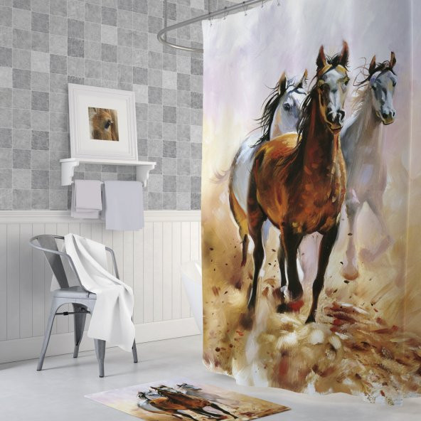 At Desenli Dijital Baskılı Bej Renk Solma Yapmaz Dijital Baskılı Su Geçirmez Banyo Perdesi CHalkalı - 2