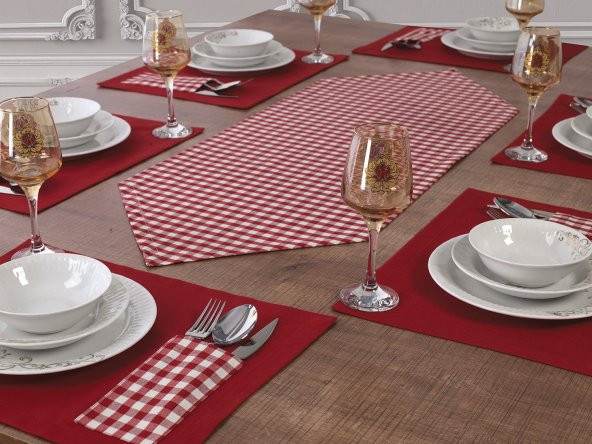 Amerikan Servis Kırmızı  6lı Supla ve Runner Set ve 6 Adet Pamuklu Kırmızı Kare Sandalye Minder