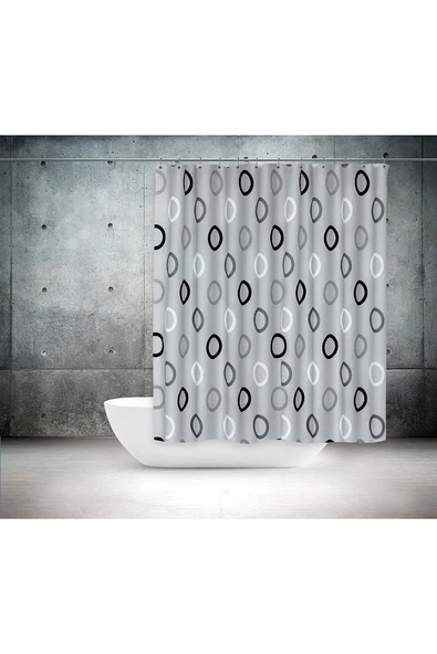 Polyester Kumaş Geometrik Desen Gri Banyo Perdesi Yerli Üretim Duş Perdesi Plastik C-halka Hediye