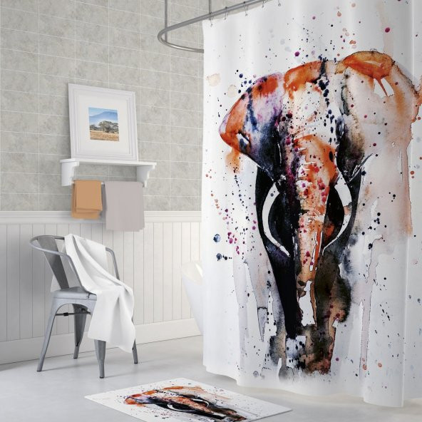 Banyo Perdesi Polyester Kumaş Fil Desen Banyo Perdesi Yerli Üretim 180x200 cm Tek Kanat Duş Perdesi