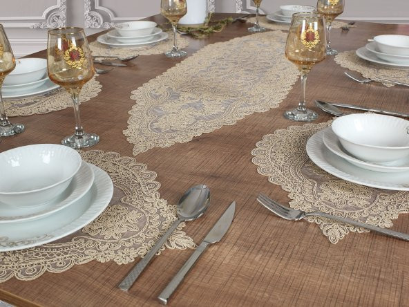 Tropikhome Amerikan Servis Supla Ve Runner Seti 6 Kişilik Set Valonia Bej 7 Parça ürün görseli 1